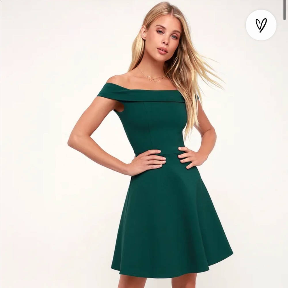 Season of Fun Forest Green Off-the-Shoulder Skater Dress